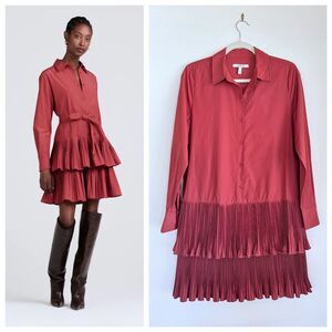 Derek Lam 10 Crosby Stirling Tiered Plisse Poplin Brick Red Mini Shirt Dress 6